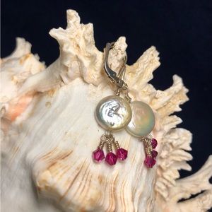 Handcrafted Sterling earrings with white pearl and fuchsia, Swarovski cr…